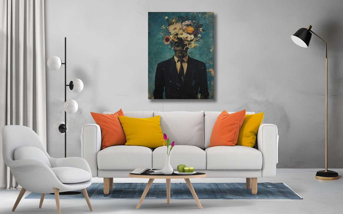 Man With Flowers On Head Canvas Print, Artistic Wall Decor (Black White Frame)