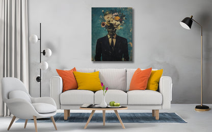 Man With Flowers On Head Canvas Print, Artistic Wall Decor (Black White Frame)