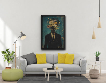 Man With Flowers On Head Canvas Print, Artistic Wall Decor (Black White Frame)