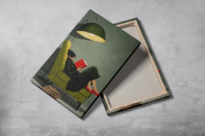 Woman Reading on Green Chair Canvas Art, Red Shoes, Book Lover Wall Decor