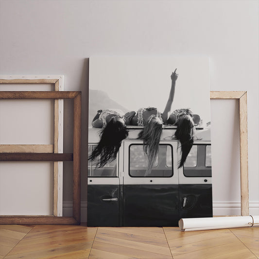 Black and White Appreciating Life Poster, Vintage Van Art Print (Canvas)