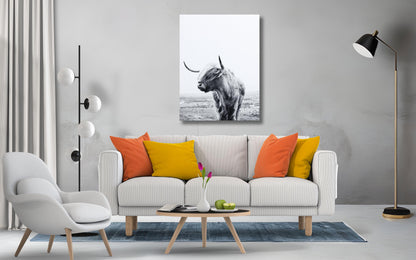 Highland Cow Black and White Print, Wall Art, Canvas Poster (Frame Included)