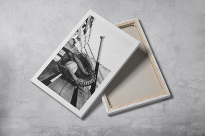 Black and White Baseball Poster | Glove, Bat, Stands Wall Art (Canvas Print)