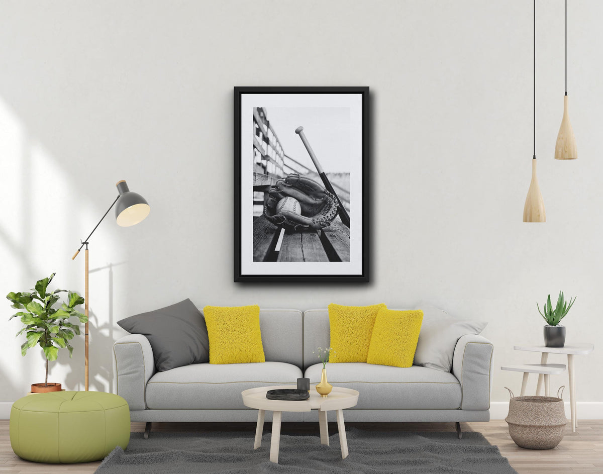 Black and White Baseball Poster | Glove, Bat, Stands Wall Art (Canvas Print)