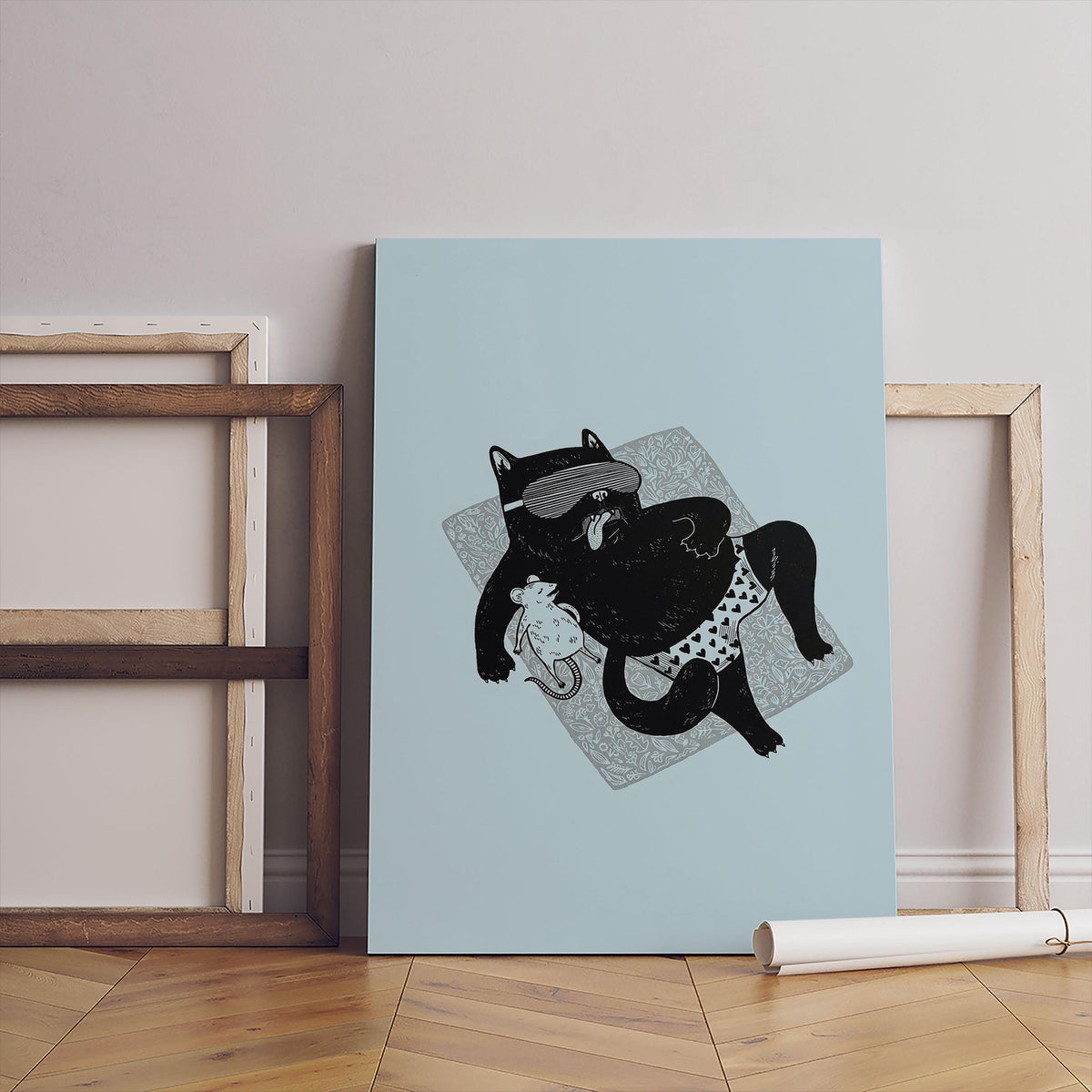 Cat and Mouse Beach Art Print, Minimalist Whimsical Illustration (Digital Download)
