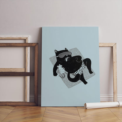 Cat and Mouse Beach Art Print, Minimalist Whimsical Illustration (Digital Download)