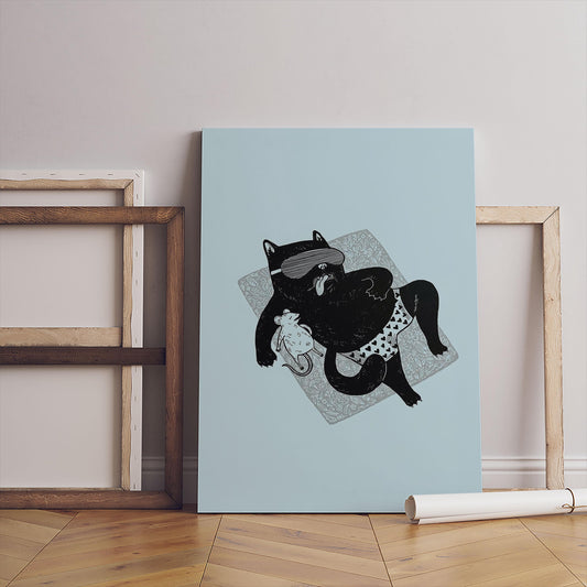 Cat and Mouse Beach Art Print, Minimalist Whimsical Illustration (Digital Download)