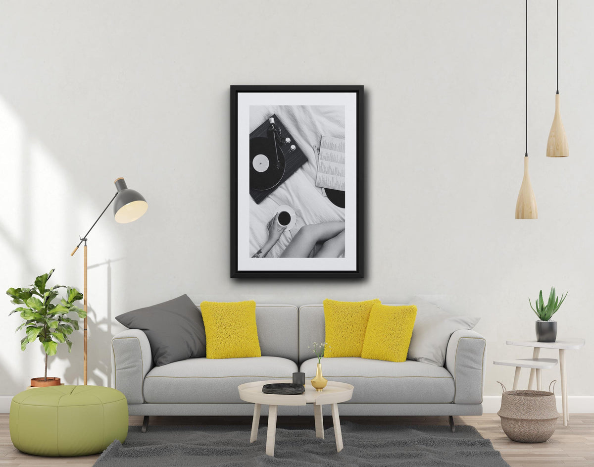 Vinyl Player Morning Print , Record Canvas Print, Black & White Art, Framed Poster