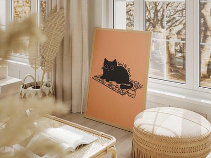 Black Cat Board Game Lover Art Print, Minimalist Wall Decor (Physical Print)