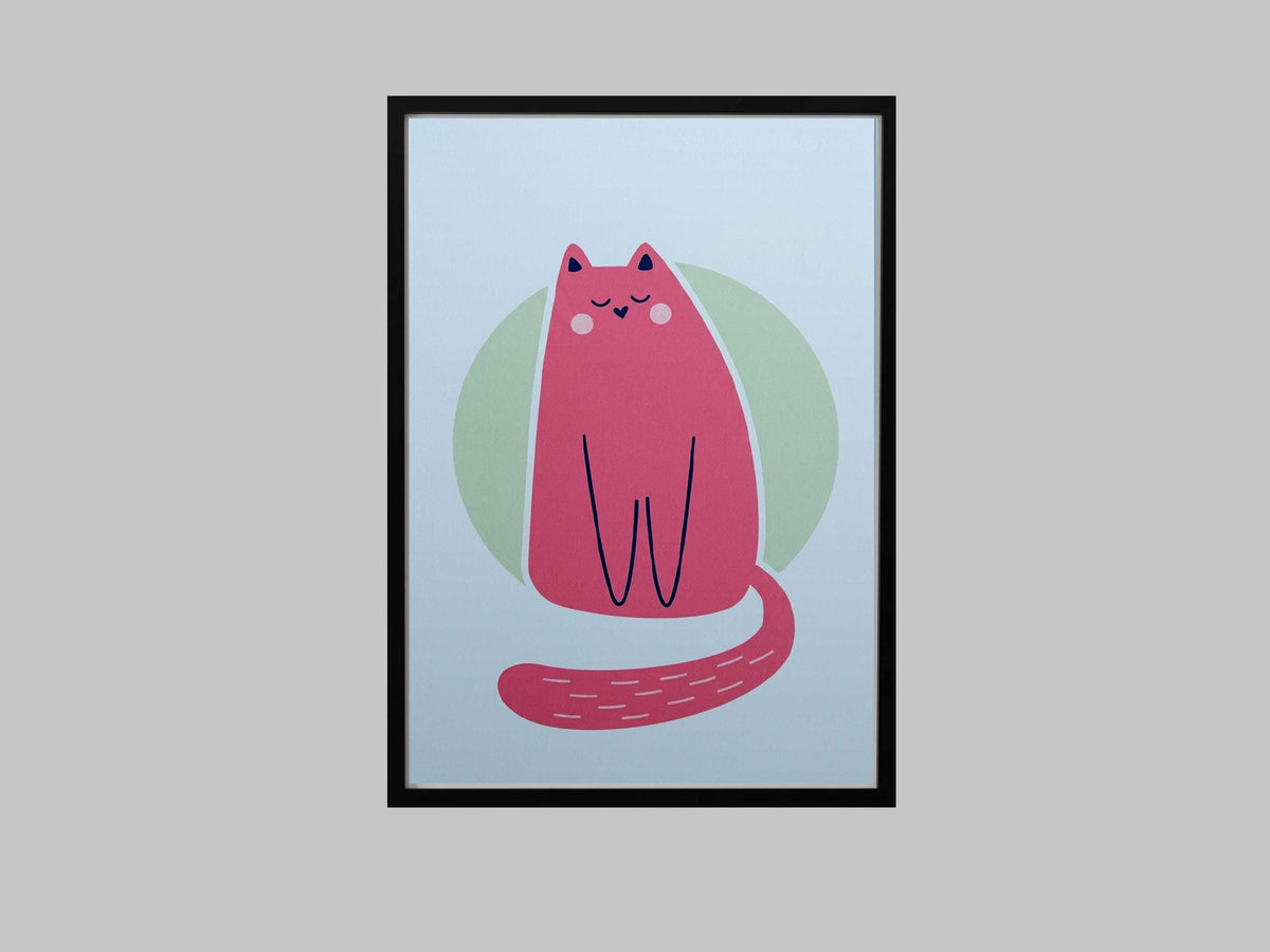Pink Cat Illustration Poster, Minimalist Animal Print, Girls Room Decor (Physical Print)