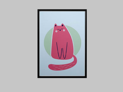 Pink Cat Illustration Poster, Minimalist Animal Print, Girls Room Decor (Physical Print)