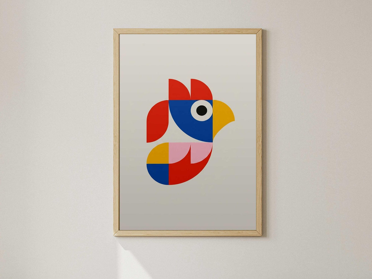 Modern Abstract Rooster Poster, Terracotta Animal Wall Art, Mid Century Geometric Bird Print