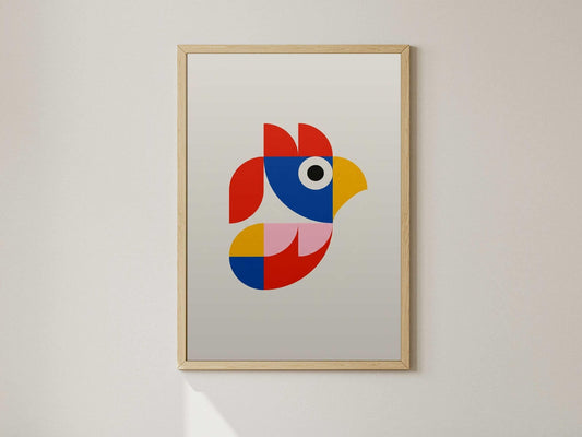 Modern Abstract Rooster Poster, Terracotta Animal Wall Art, Mid Century Geometric Bird Print