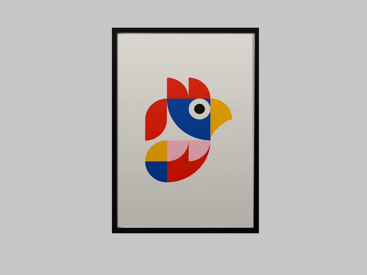 Modern Abstract Rooster Poster, Terracotta Animal Wall Art, Mid Century Geometric Bird Print