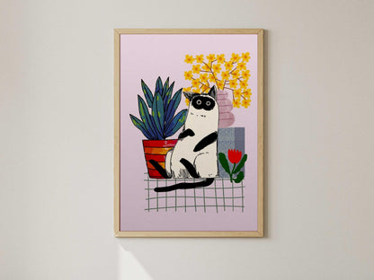 Funny Black and White Cat Illustration, Minimalist Quirky Animal Poster (Digital Download)