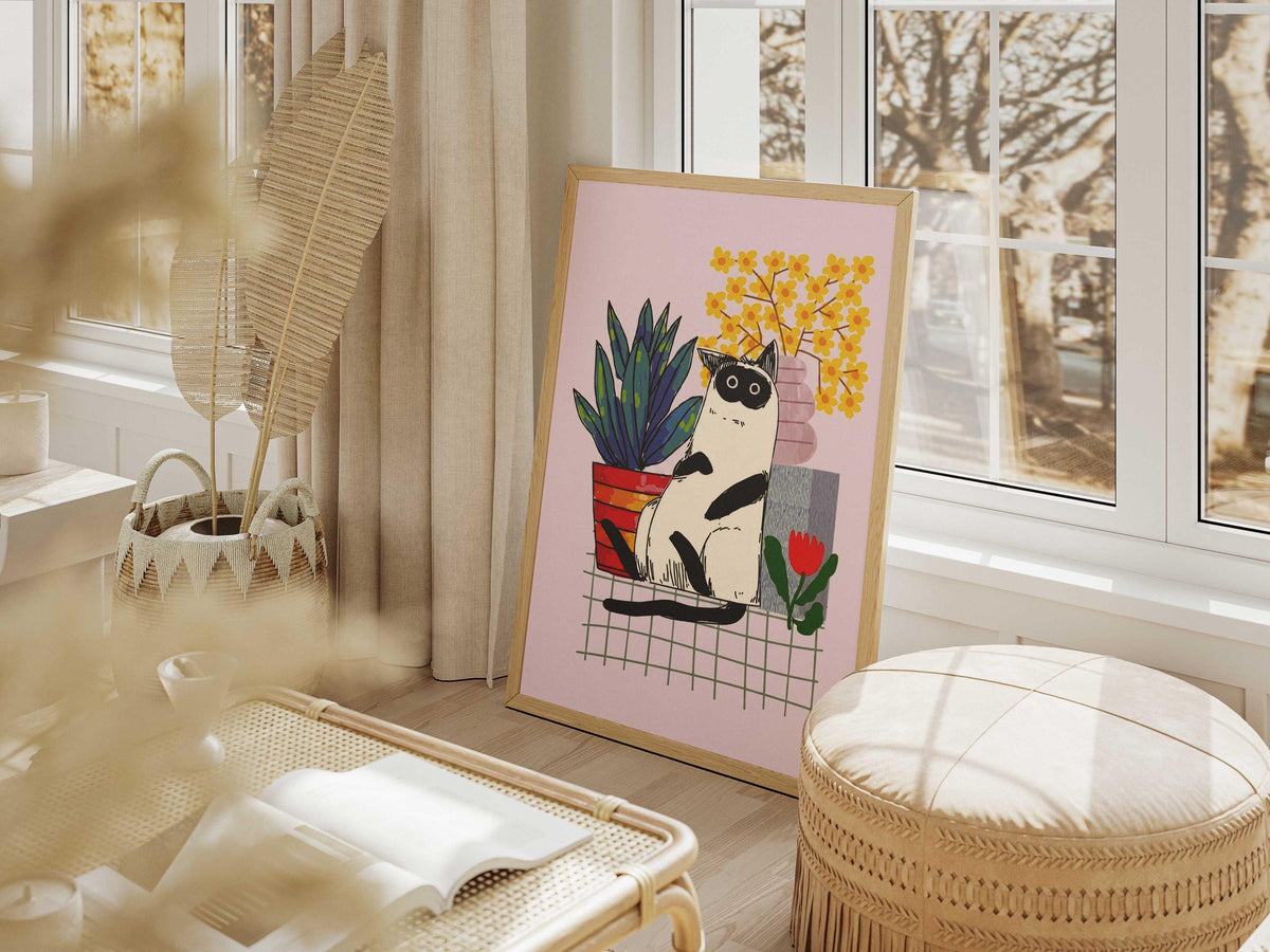 Funny Black and White Cat Illustration, Minimalist Quirky Animal Poster (Digital Download)
