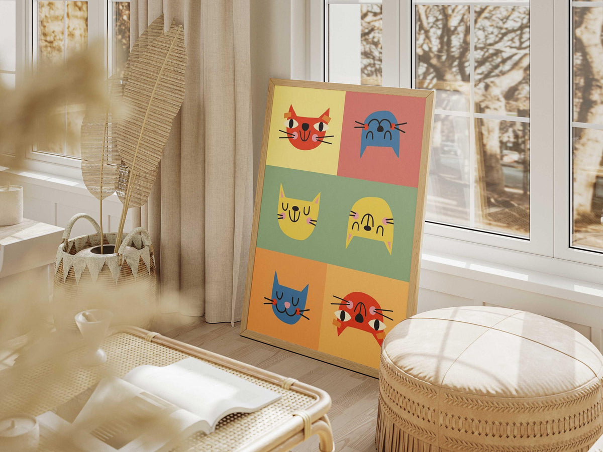 Colorful Mosaic Cat Art Print, Abstract Geometric Pet Poster (Framed or Digital)