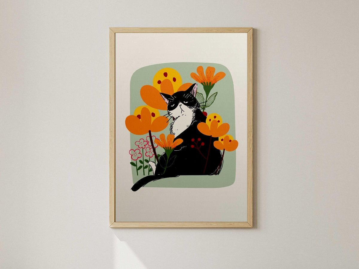 Grumpy Black Cat Art Print, Minimalist Floral Wall Decor (Physical Print)