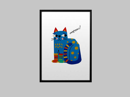 Minimalist Blue Cat Poster, Meow Quote, Danish Pastel Wall Art (Physical Print)