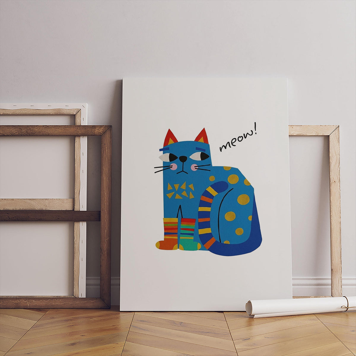 Minimalist Blue Cat Poster, Meow Quote, Danish Pastel Wall Art, Instant Download (Digital File)