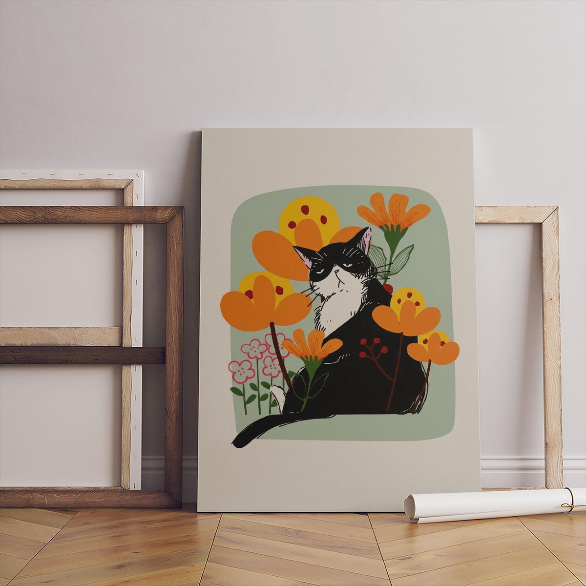 Grumpy Black Cat Art Print, Minimalist Floral Wall Decor (Digital Download)