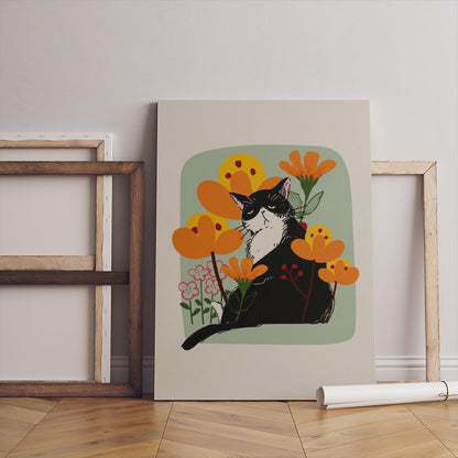 Grumpy Black Cat Art Print, Minimalist Floral Wall Decor (Digital Download)