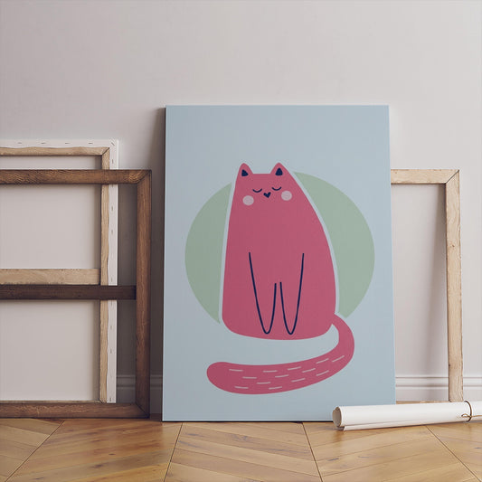 Pink Cat Illustration Poster, Minimalist Animal Print, Girls Room Decor (Digital Download)